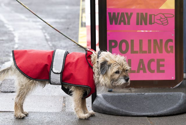 Bertie waits for its owner at the polling station at Saint Stephen’s Comely Bank Church in Scotland