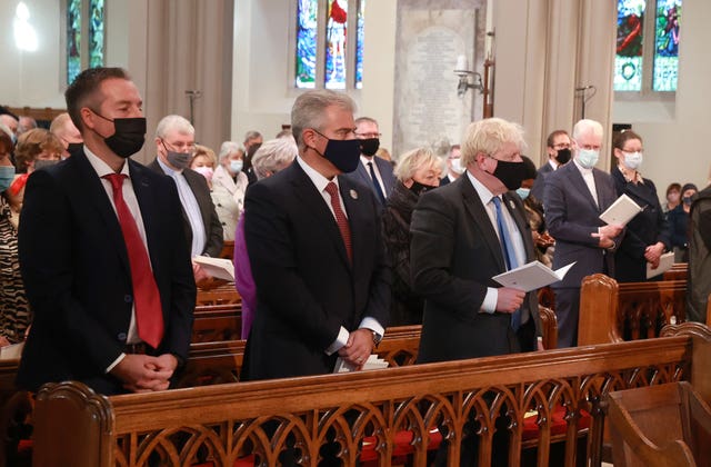 First Minister of Northern Ireland Paul Givan, Secretary of State for Northern Ireland Brandon Lewis and Prime Minister Boris Johnson attending a service to mark the centenary of Northern Ireland at St Patrick’s Cathedral in Armagh