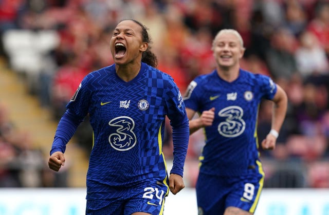 Chelsea's Drew Spence celebrates her goal in the 6-1 victory over Manchester United