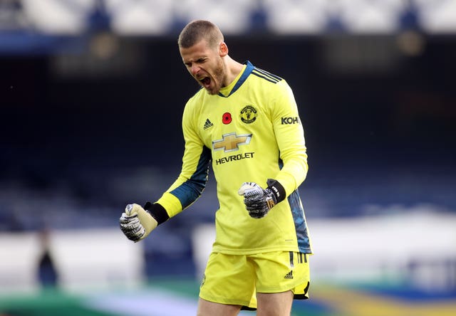 Manchester United's David de Gea celebrates during the Premier League match at Goodison Park, Liverpool