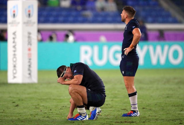 Dejected Scotland players after their disappointing defeat to Ireland