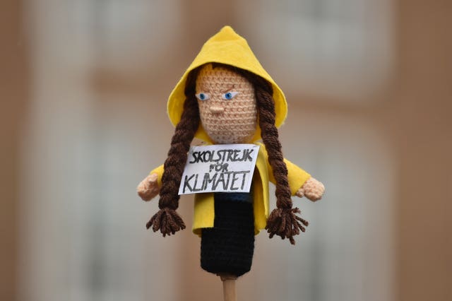 A knitted doll made to look like Greta Thunberg