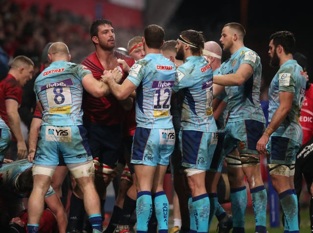 Tempers flare during the clash at Thomond Park (Niall Carson/PA).