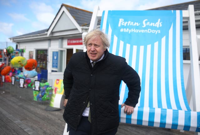 Prime Minister Boris Johnson during a visit to Haven Perran Sands Holiday Park in Perranporth
