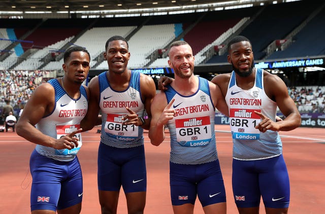 Great Britain's 4x100m men's relay team celebrate their victory in London