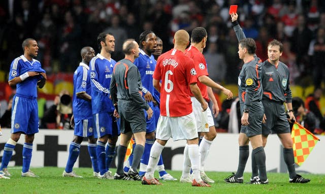 Chelsea forward Didier Drogba is given a red card during the 2008 Champions League final (PA)