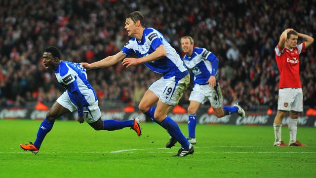 Birmingham goalscorers Obafemi Martins, left, and Nikola Zigic celebrate