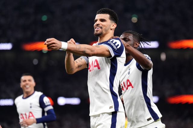 Tottenham Hotspur’s Dominic Solanke (centre) celebrates scoring in the Europa League