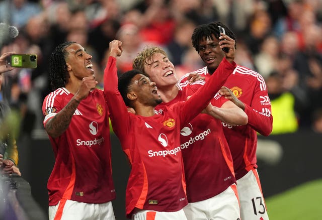 Manchester United’s Rasmus Hojlund celebrates scoring in the Europa League semi-final win over Athletic Bilbao