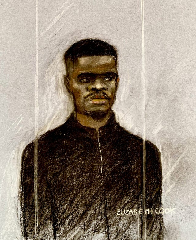 Court artist drawing of Thomas Partey in the dock at London’s Westminster Magistrates’ Court