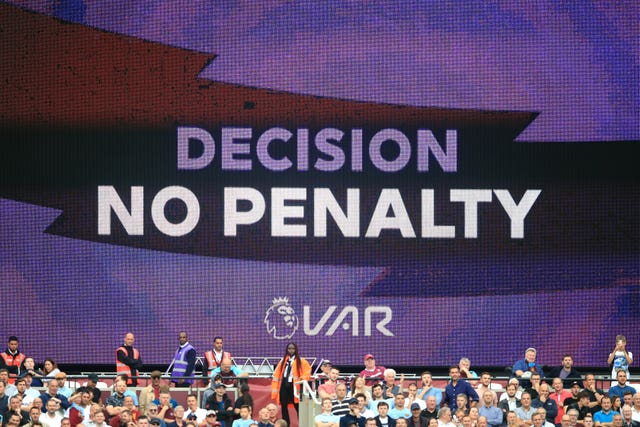 A VAR decision is displayed after West Ham appealed for a penalty during their home defeat to Manchester City