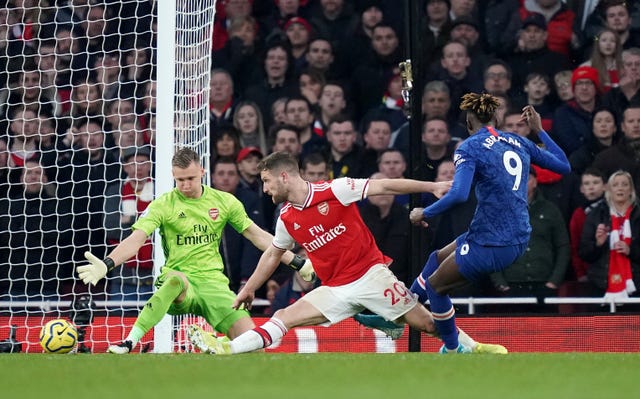 Tammy Abraham, right, scores against Arsenal