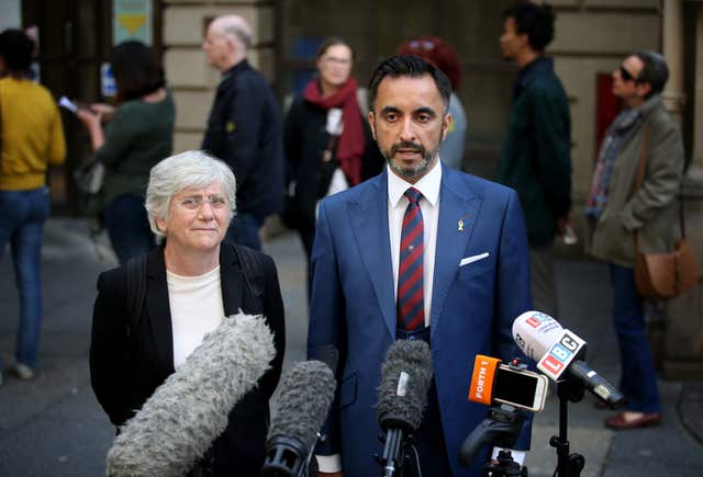 Clara Ponsati and her lawyer Aamer Anwar outside Edinburgh Sheriff Court before her preliminary hearing (Jane Barlow/PA)