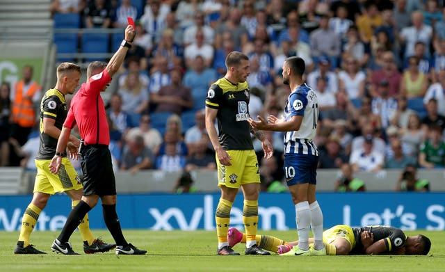 Brighton's Florin Andone, second right, is sent off against Southampton