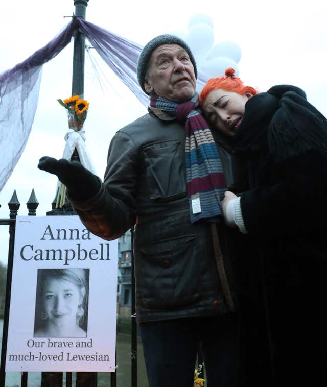 Dirk and Rose Campbell, father and sister of Anna Campbell speak at a vigil in her home town of Lewes, East Sussex (Gareth Fuller/PA)