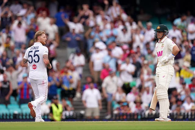 England captain Ben Stokes, left, stares down Australia’s Marnus Labuschagne after dismissing him in the fifth Ashes Test in Sydney
