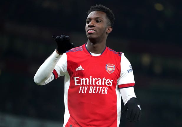 Arsenal’s Eddie Nketiah celebrates scoring
