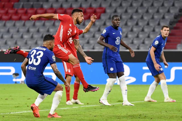 Corentin Tolisso, second left, scores Bayern’s third goal