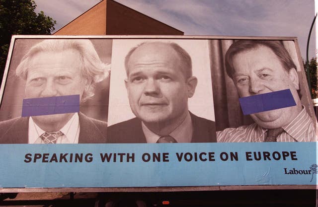 Labour's 1999 European elections poster poster featured then-leader William Hague alongside Michael Hessaltine and Ken Clarke (Michael Stephens/PA)
