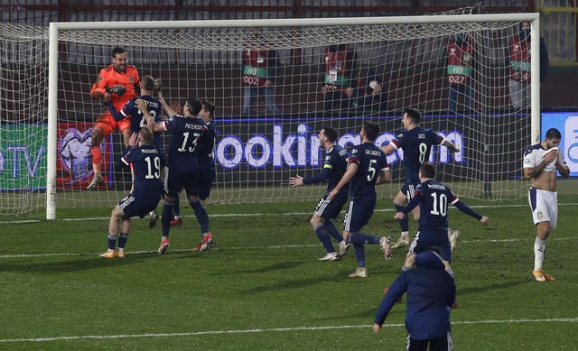 Scotland celebrate their shoot-out success 