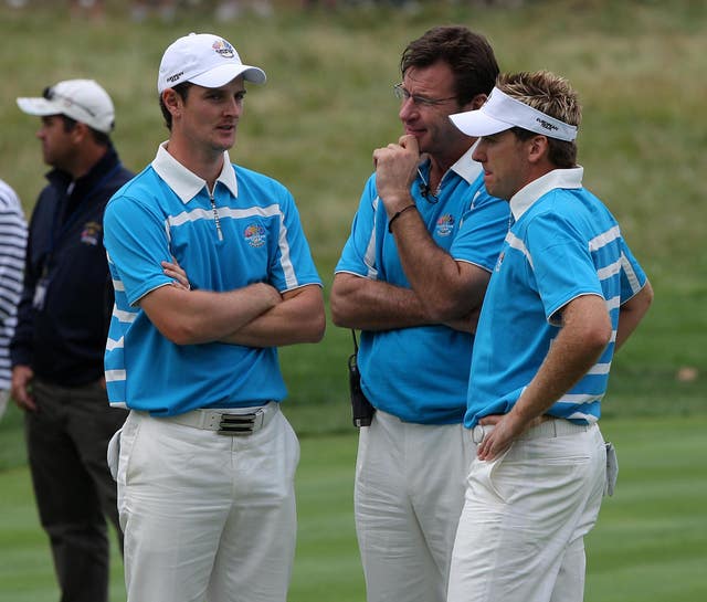 Nick Faldo (second right) talks to Ian Poulter (right) and Justin Rose (second left)