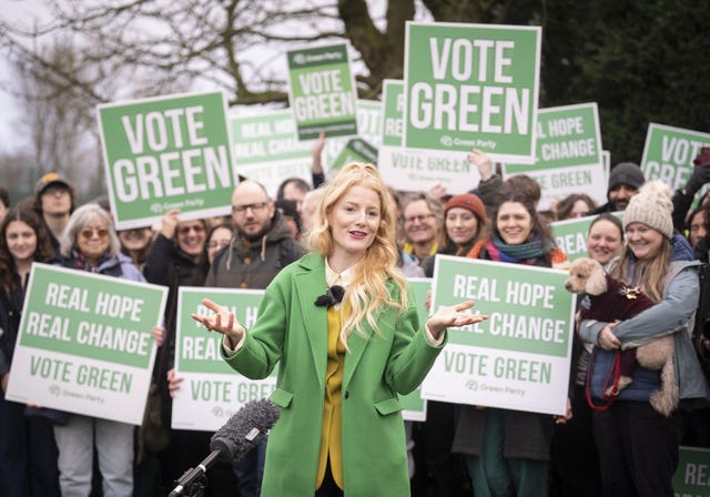 Hannah Spencer gives a speech in front of Green activists in Gorton and Denton