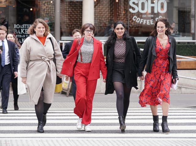 Reclaim These Streets founders (left to right) Anna Birley, Jessica Leigh, Henna Shah and Jamie Klingler arriving at the Royal Courts of Justice, London