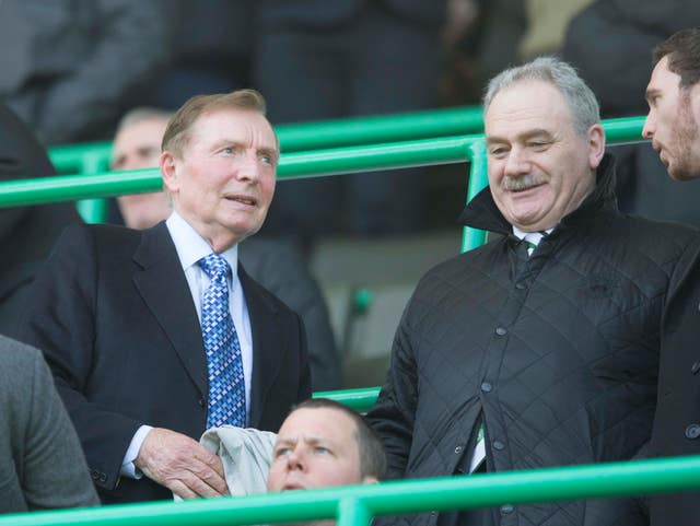 Sir Tom Farmer with former Hibs chairman Rod Petrie at Easter Road