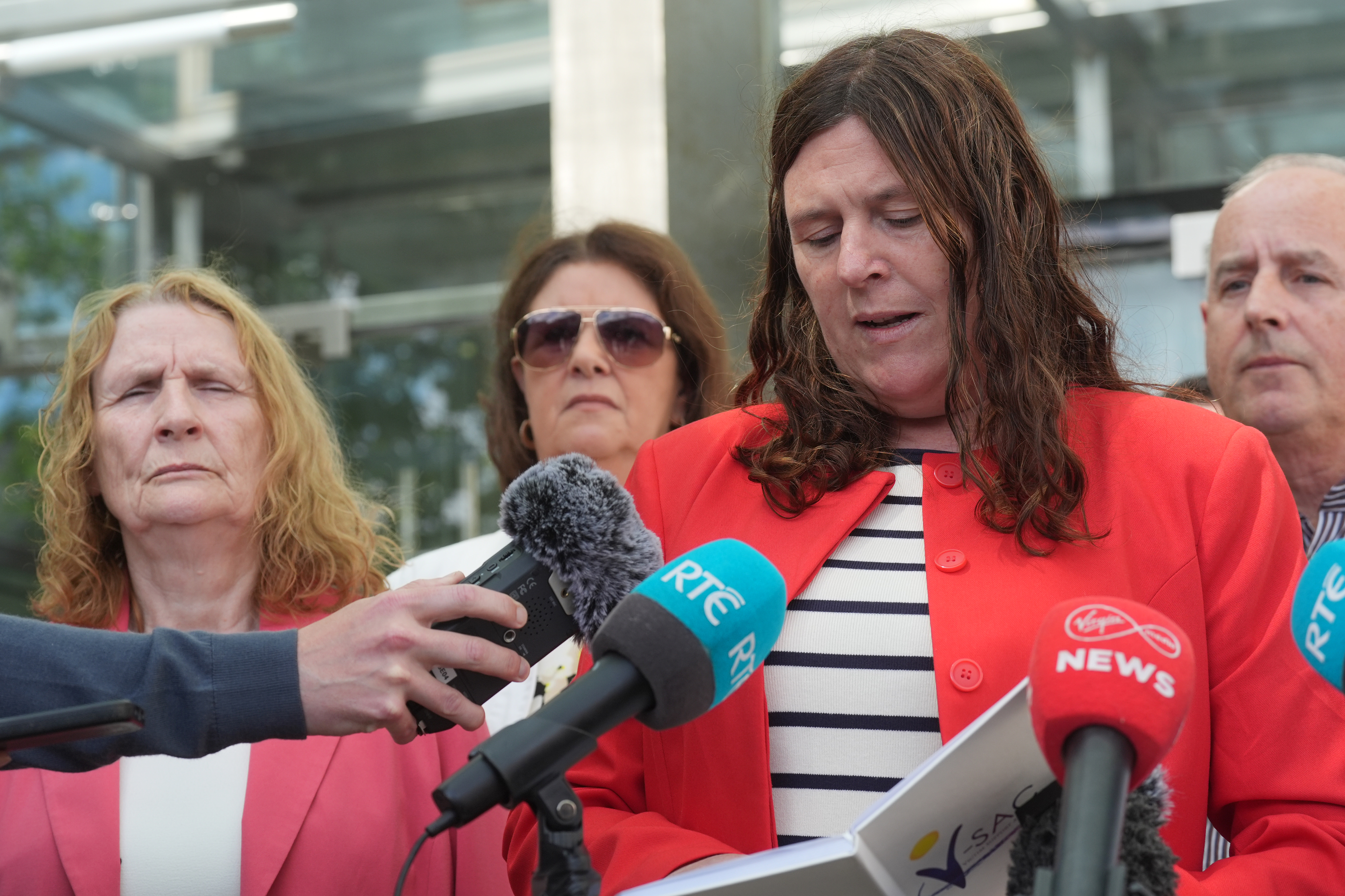 Lorraine Howard, the half-sister of Tina Satchwell, speaks to the media outside the Central Criminal Court in Dublin