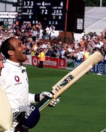 Mark Butcher celebrates after hitting the winning runs against Australia at Headingley in 2001