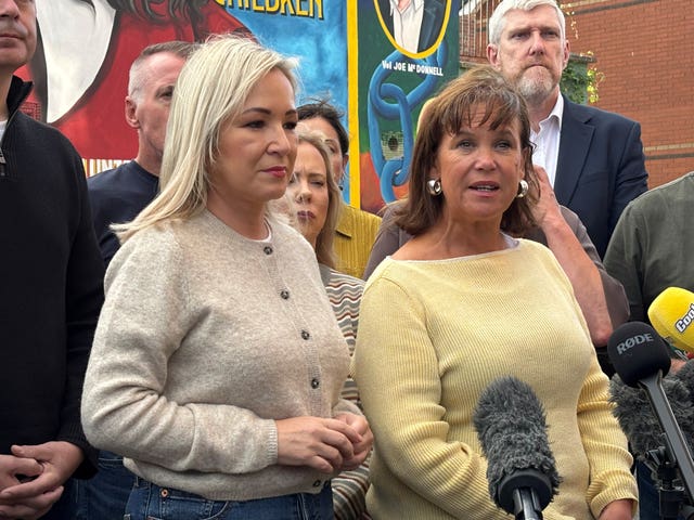 Sinn Féin's Michelle O’Neill and Mary Lou McDonald speak outside party offices in Belfast