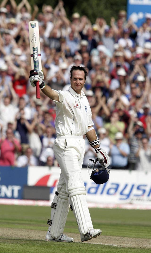 Michael Vaughan celebrates scoring his century