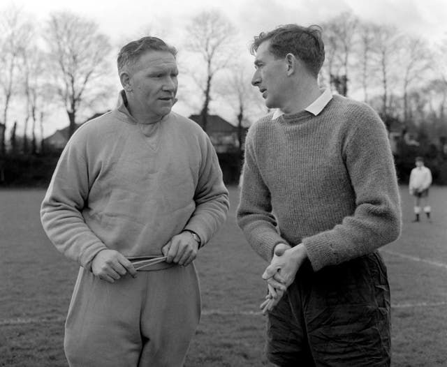 Tottenham manager Bill Nicholson and captain Danny Blanchflower during a training session at Cheshunt, Hertfordshire 