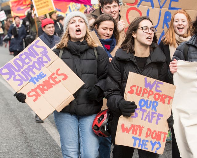 Students joined workers on Thursday in the first day of a wave of action that will continue in the coming weeks if there is no resolution. (Danny Lawson/PA)