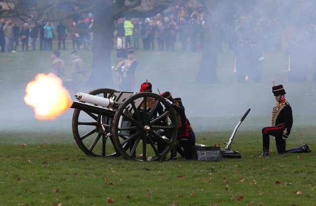 The King’s Troop Royal Horse Artillery mark the 66th anniversary of the Queen’s accession to the throne with a 41 Gun Royal Salute in Hyde Park, London. (Jonathan Brady/PA)