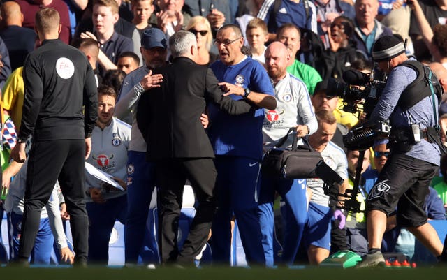 There were more touchline fisticuffs after Mourinho was goaded following a late Chelsea goal in 2018
