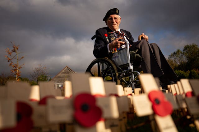 D-Day veteran Cedric Wasser, 95, looks over the Field of Remembrance