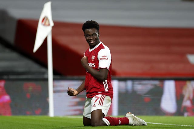 Arsenal's Bukayo Saka celebrates his goal against Chelsea