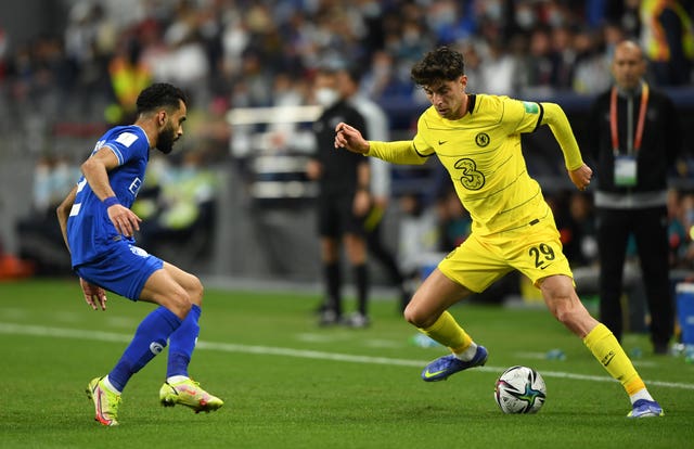 Al Hilal’s Mohammed Al-Breik, left, and Chelsea’s Kai Havertz battle for the ball