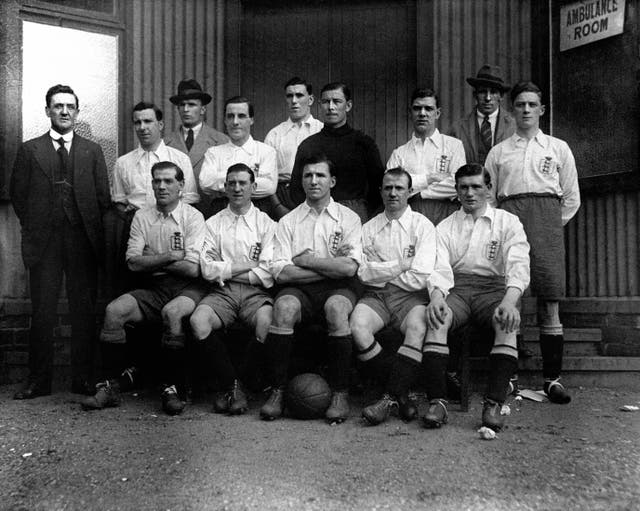Jimmy Dimmock, front row, far right, lines up with the rest of the England team who faced Scotland in April 1921
