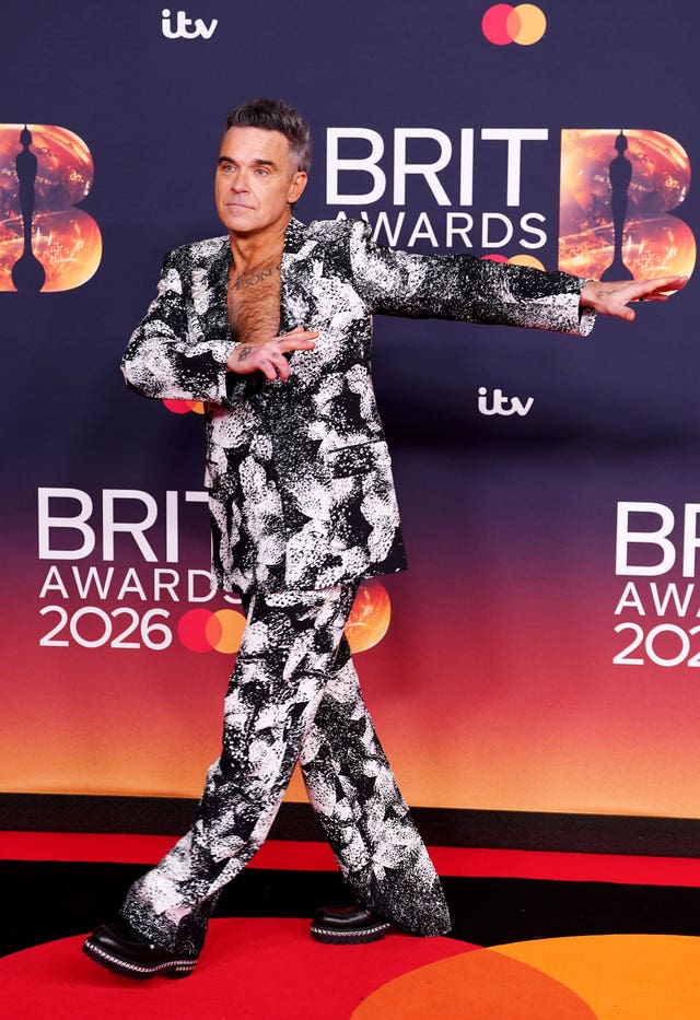 Robbie Williams attending the Brit Awards 2026 at Co-op Live in Manchester