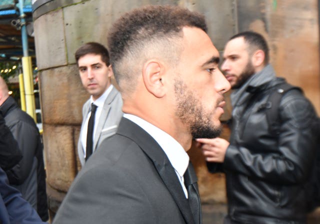 Derby County footballer Mason Bennett (closest to camera) arrives at Derby Magistrates' Court (Jacob King/PA)