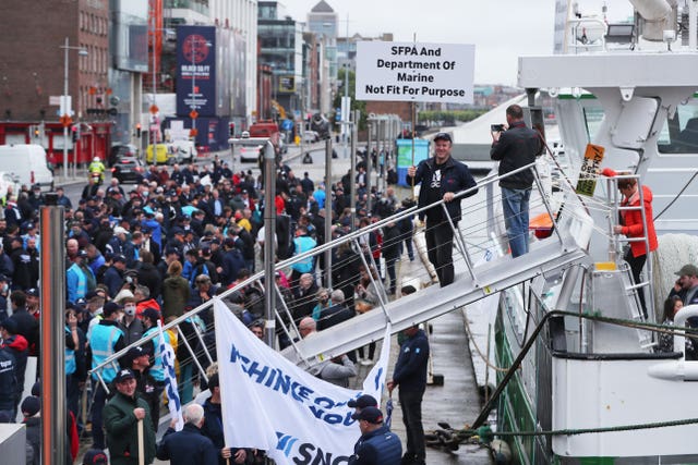 Fishermen protesting outside the Convention Centre in Dublin