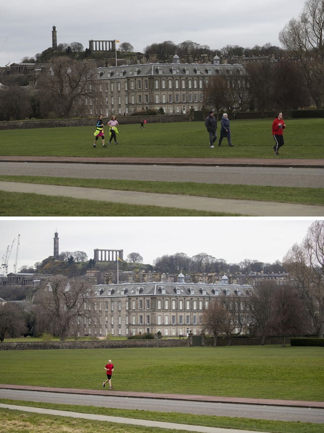 Composite of photos of Holyrood Park, Edinburgh, taken today (top) and the same view on 24/03/20 (bottom), the day after Prime Minister Boris Johnson put the UK in lockdown