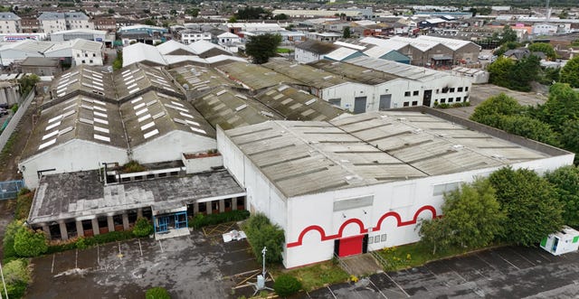 General view of the former Crown Paints factory in Coolock, north Dublin, which has suffered several arson attacks following plans to redevelop the disused warehouse to house asylum seekers