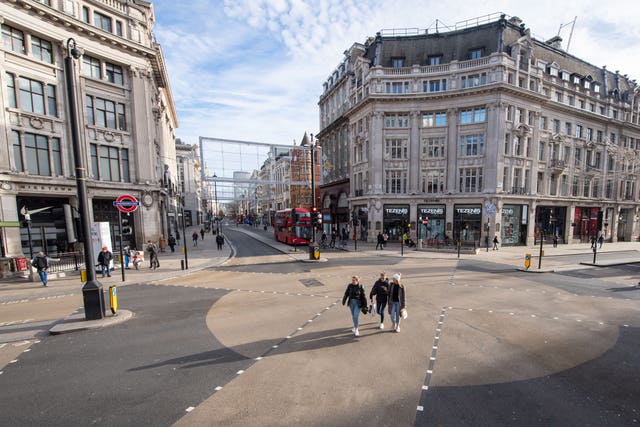 A largely empty Oxford Circus in London, as most shops and businesses remain closed while England continues a four-week national lockdown (Dominic Lipinski/PA)
