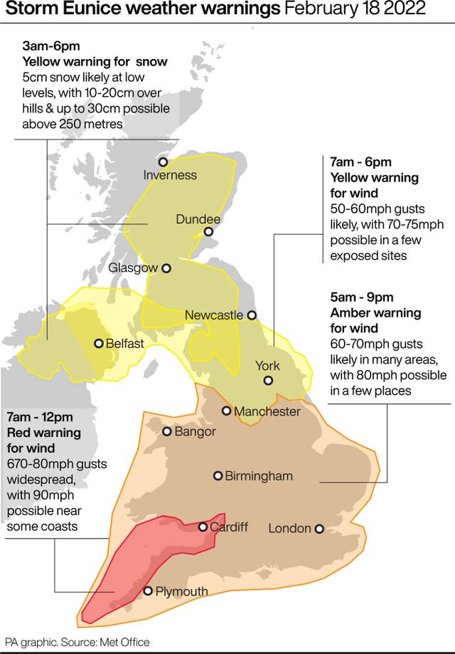 Storm Eunice weather warnings
