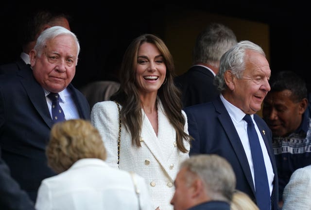 The Princess of Wales in the stands with Bill Beaumont, the chairperson of World Rugby (right) before the Rugby World Cup 2023 quarter-final match in October 2023