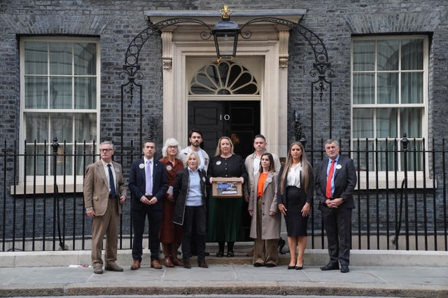 Group of chinook campaigners outside Number 10 Downing Street