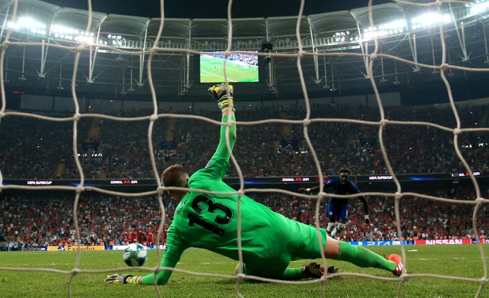 Tammy Abraham had his penalty saved by Liverpool goalkeeper Adrian in the Super Cup final